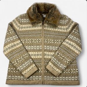 Susan Bristol Women’s Zip-Up Sweater with Faux Fur Trim Tan 100% Wool Size XL